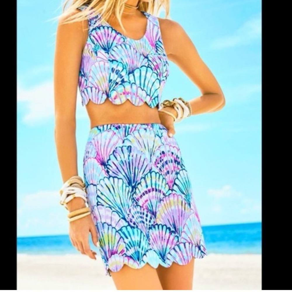 Lilly Pulitzer Oh Shello Cadden Two-Piece Skirt Crop Top Scalloped Purple